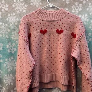 Women's Pink Heart Crewneck Sweater - Charming Knit Pullover